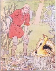 Là, parmi ses racines, était assis une oie, avec des plumes d